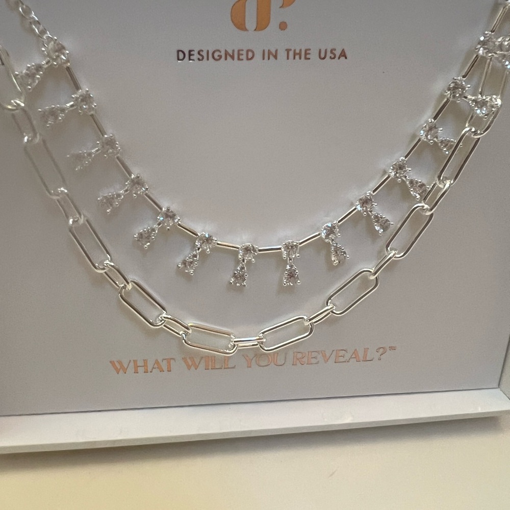 Silver Layered Chain Necklace with Cubic Zirconia Drops